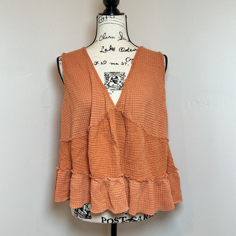 Festi Burnt Orange Waffle Knit Tiered Gauze Tank Top‎ V-Neck Peplum Sleeveless 0
